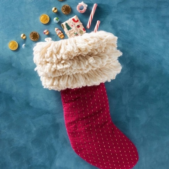 Anthropologie Other - Faux Fur Blue Kantha stitch stocking